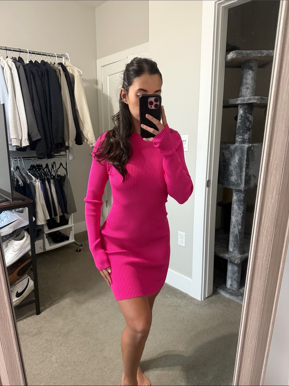 Fitted Long-Sleeve Ribbed Knit Dress - Hot Pink